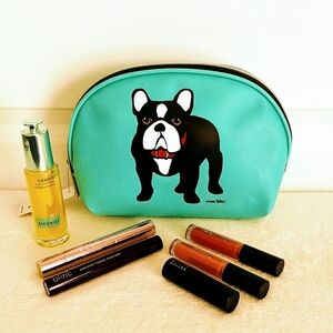 marc tetro Frenchie Large Cosmetic Case Pouch Bag PVC Saffiano Aqua NWT